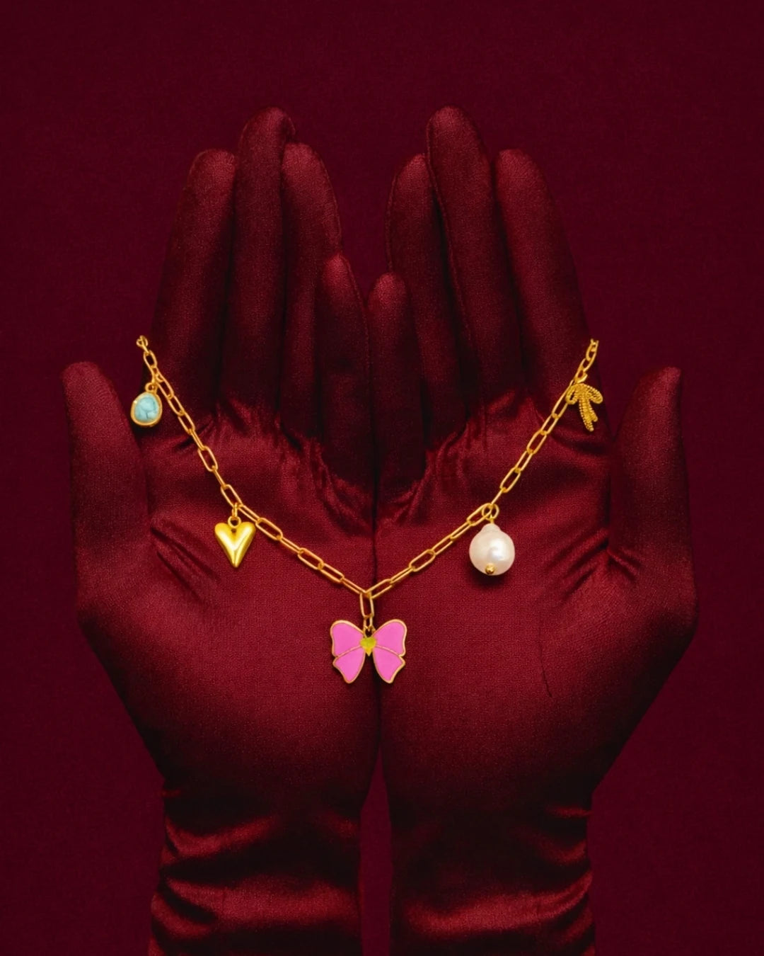 Gold-Plated Charm Necklace with Butterfly & Pearl