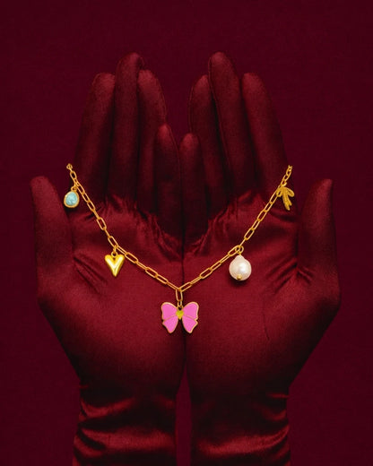 Gold-Plated Charm Necklace with Butterfly & Pearl