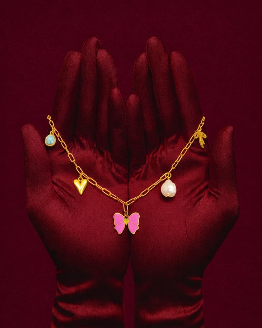 Gold-Plated Charm Necklace with Butterfly & Pearl