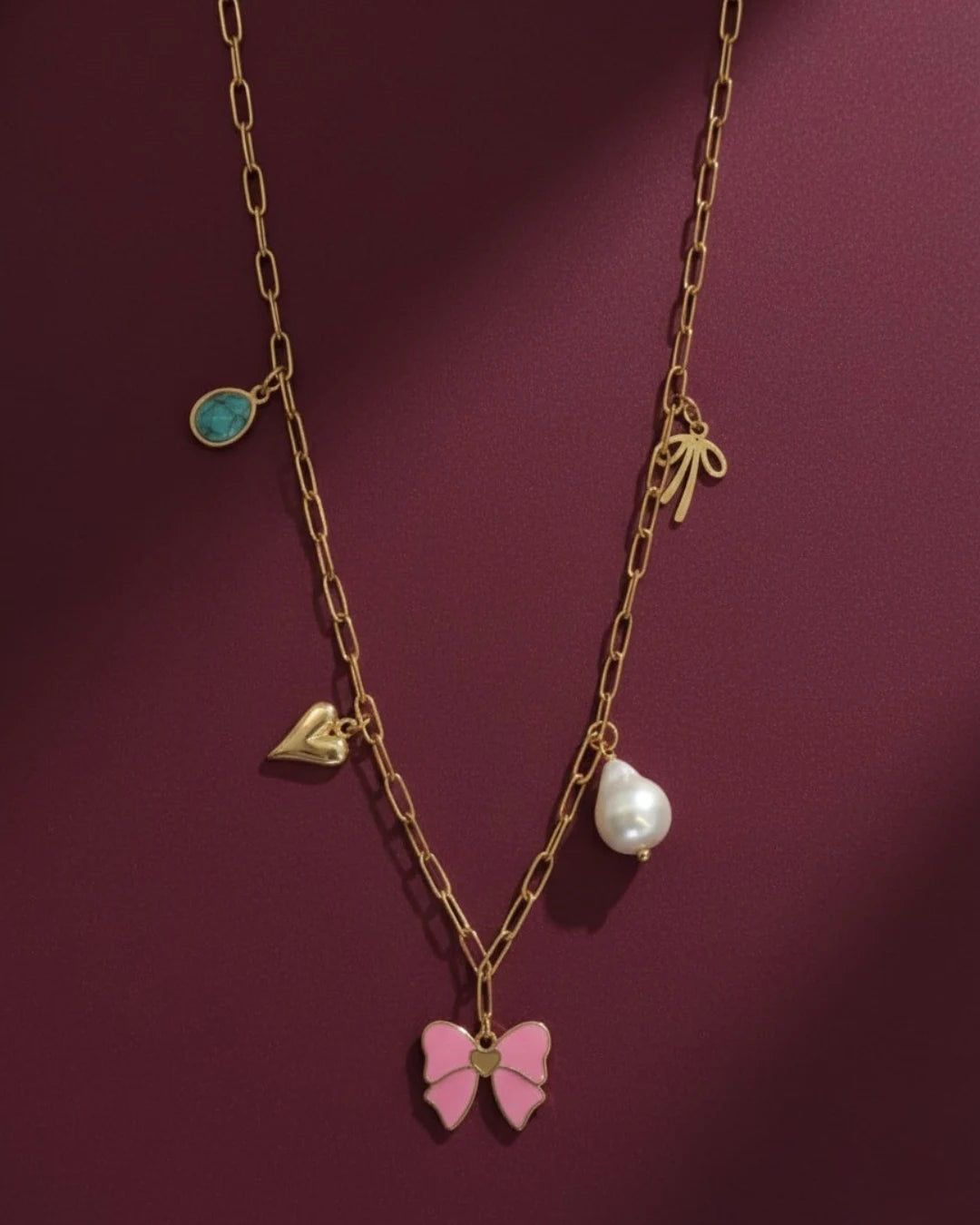 Gold-Plated Charm Necklace with Butterfly & Pearl