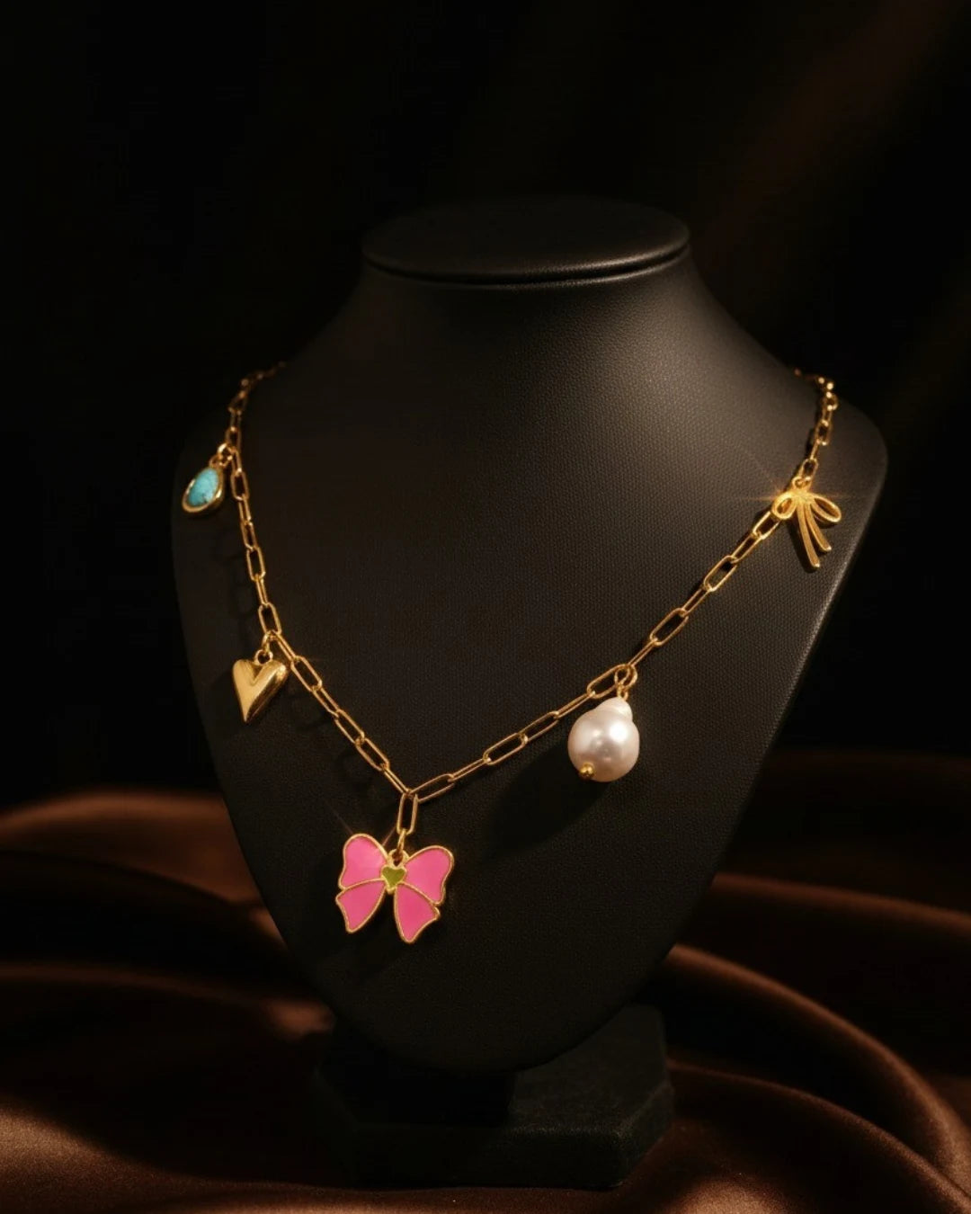 Gold-Plated Charm Necklace with Butterfly & Pearl