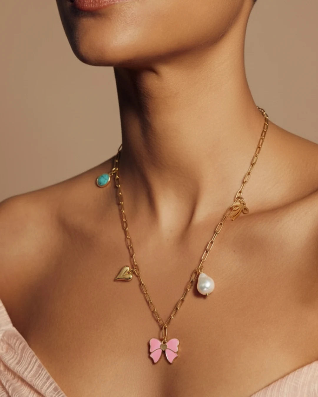Gold-Plated Charm Necklace with Butterfly & Pearl