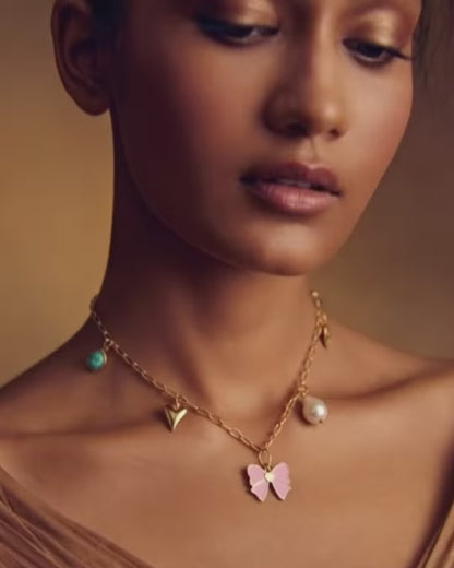 Gold-Plated Charm Necklace with Butterfly & Pearl